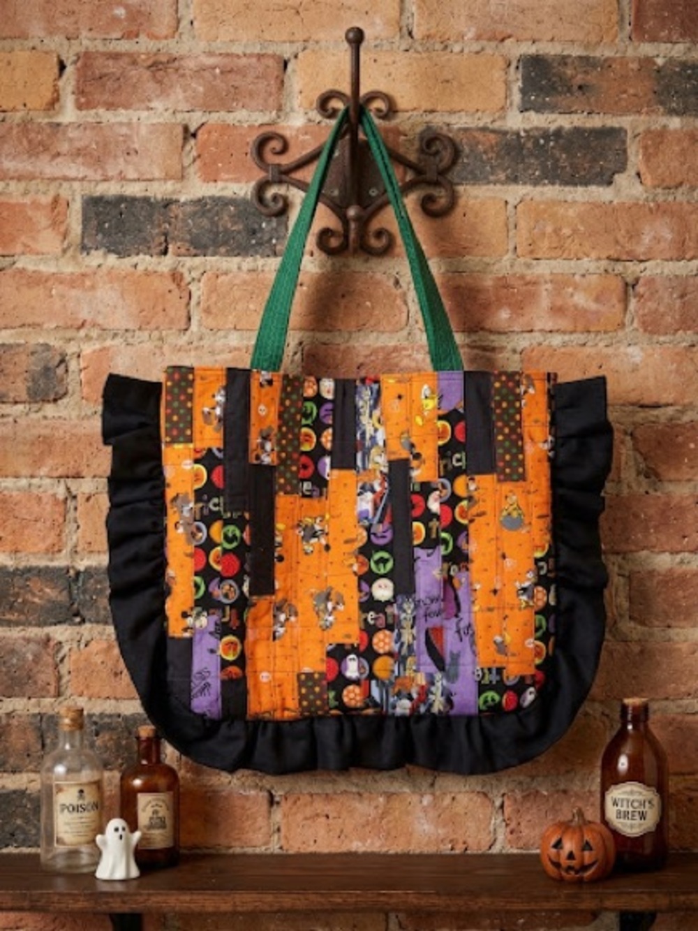 Patchwork Ruffle Tote Bag in Orange, Black & Purple